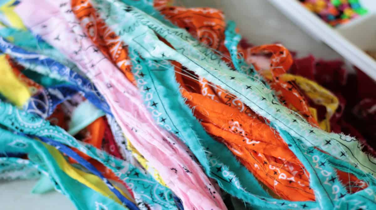 Variety of bandanas ripped into strips.