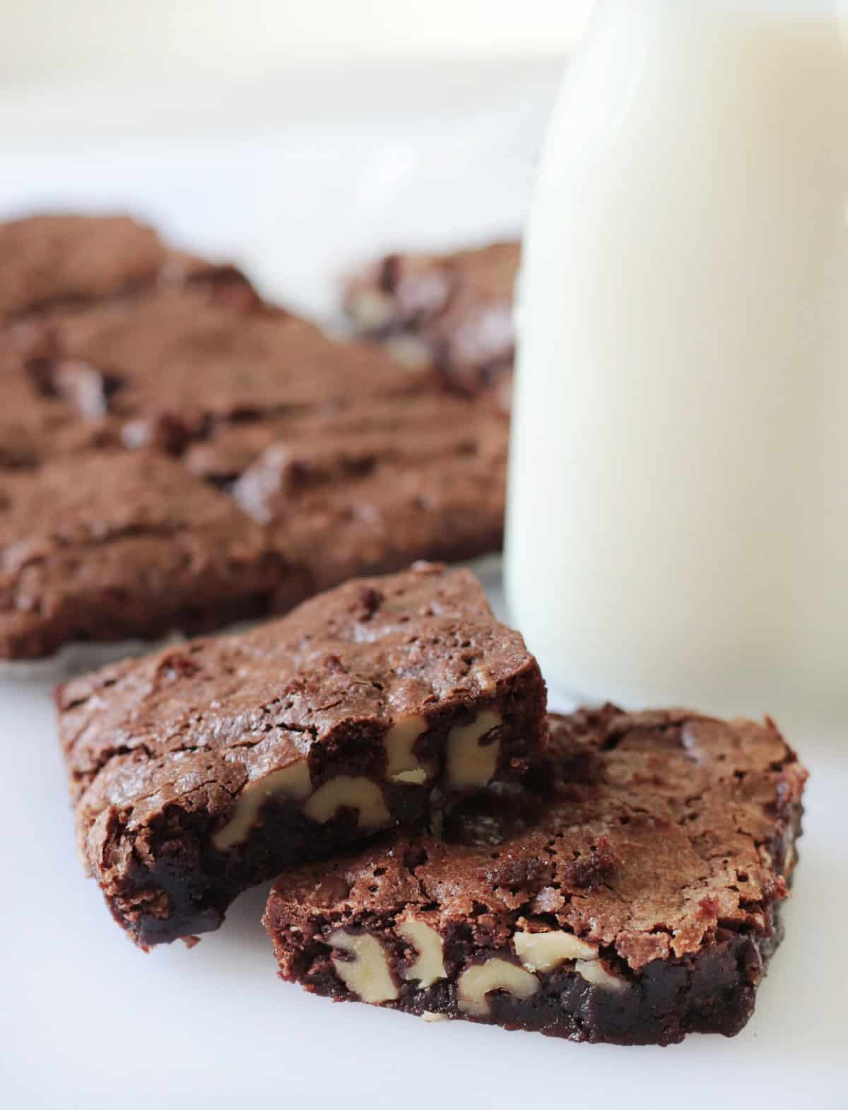 Two brownies next to a bottle of milk.