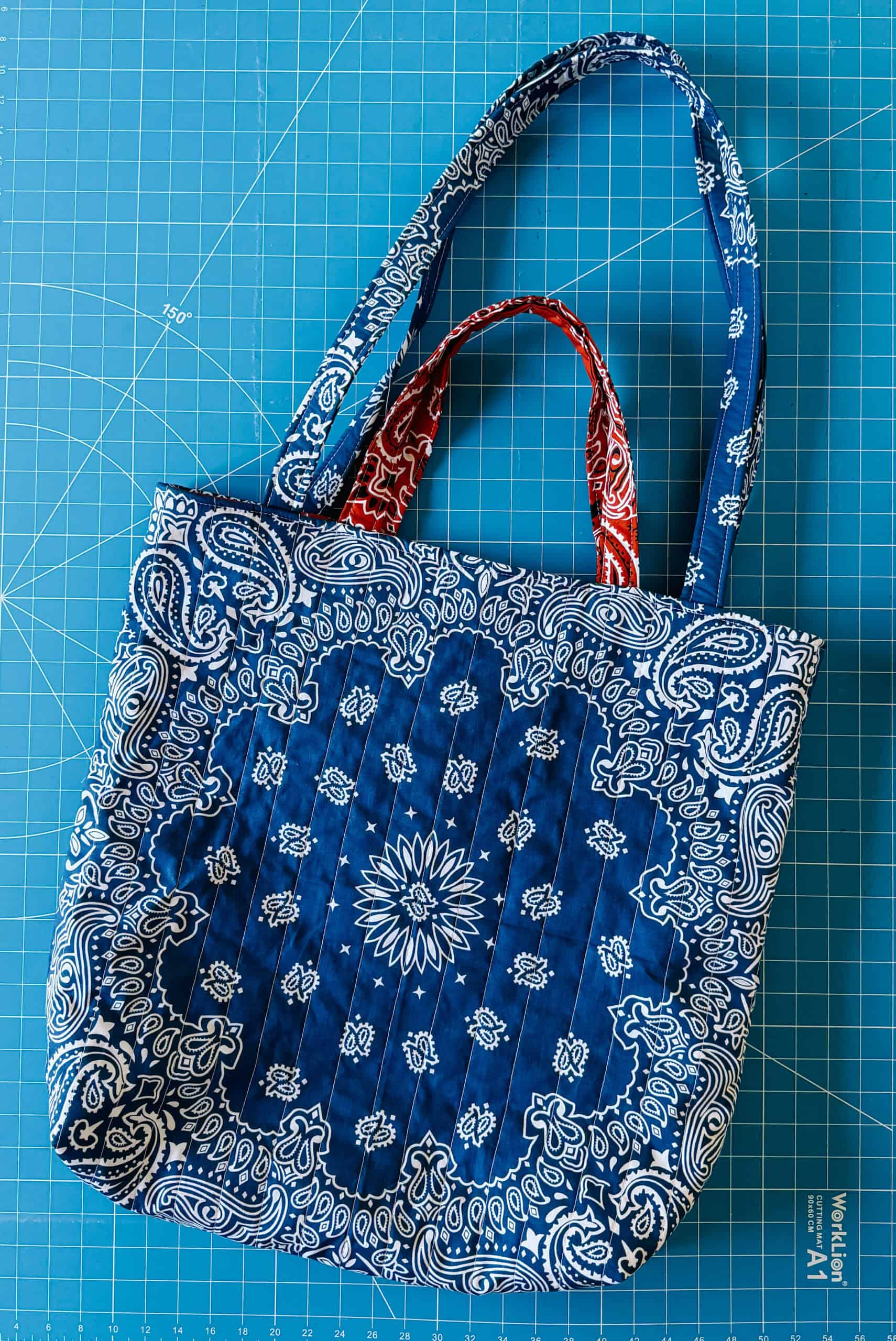 Blue bandana tote bag.