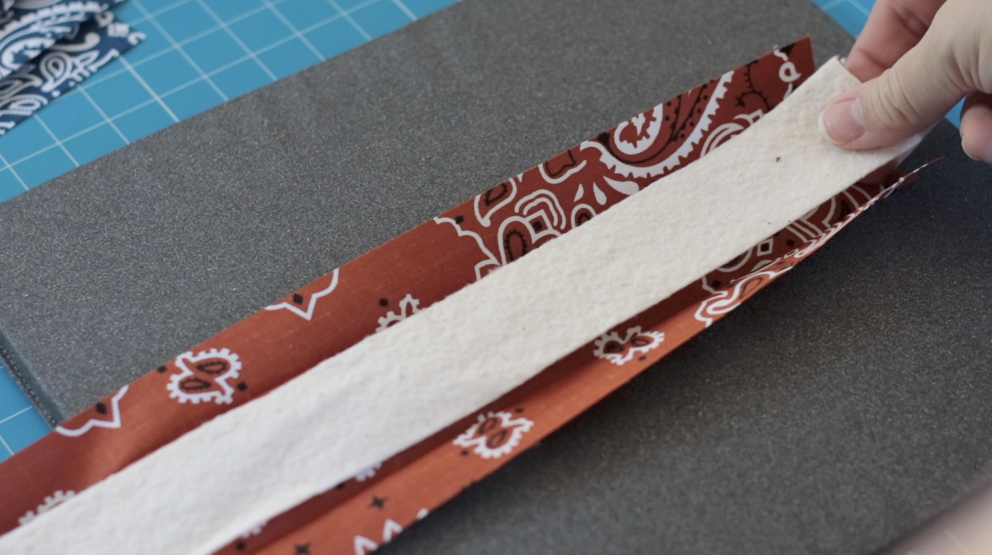 Strip of batting placed in center of strip of fabric.