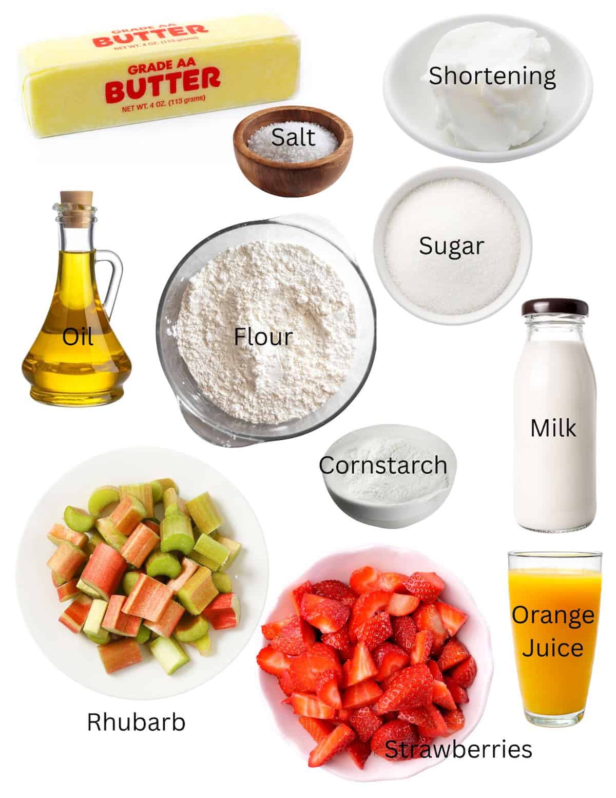 Butter, salt, flour, shortening, sugar, bottles of milk and oil, orange juice, corn starch and bowls of strawberries and rhubarb.
