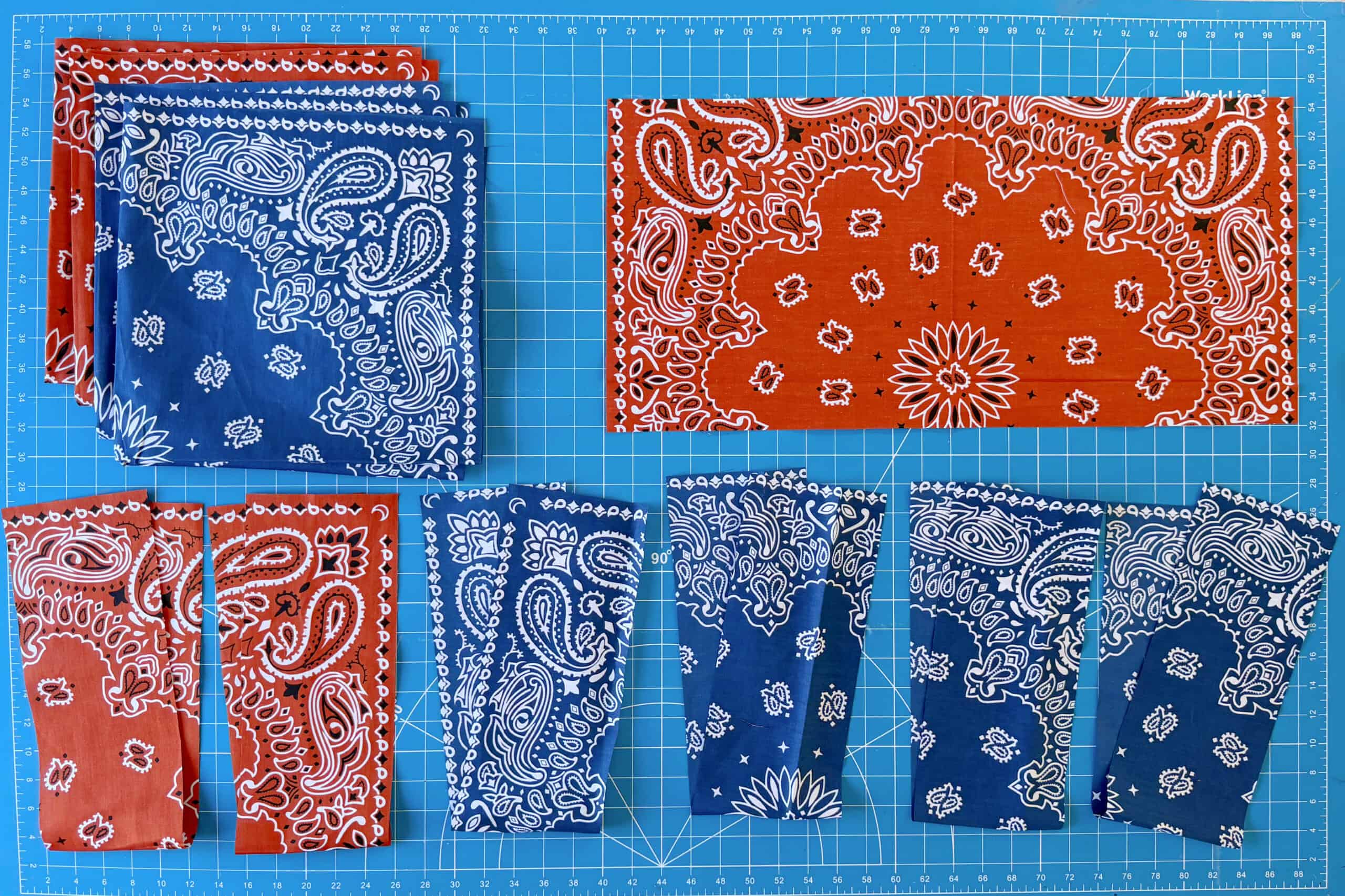 Bandanas cut into strips of fabric.