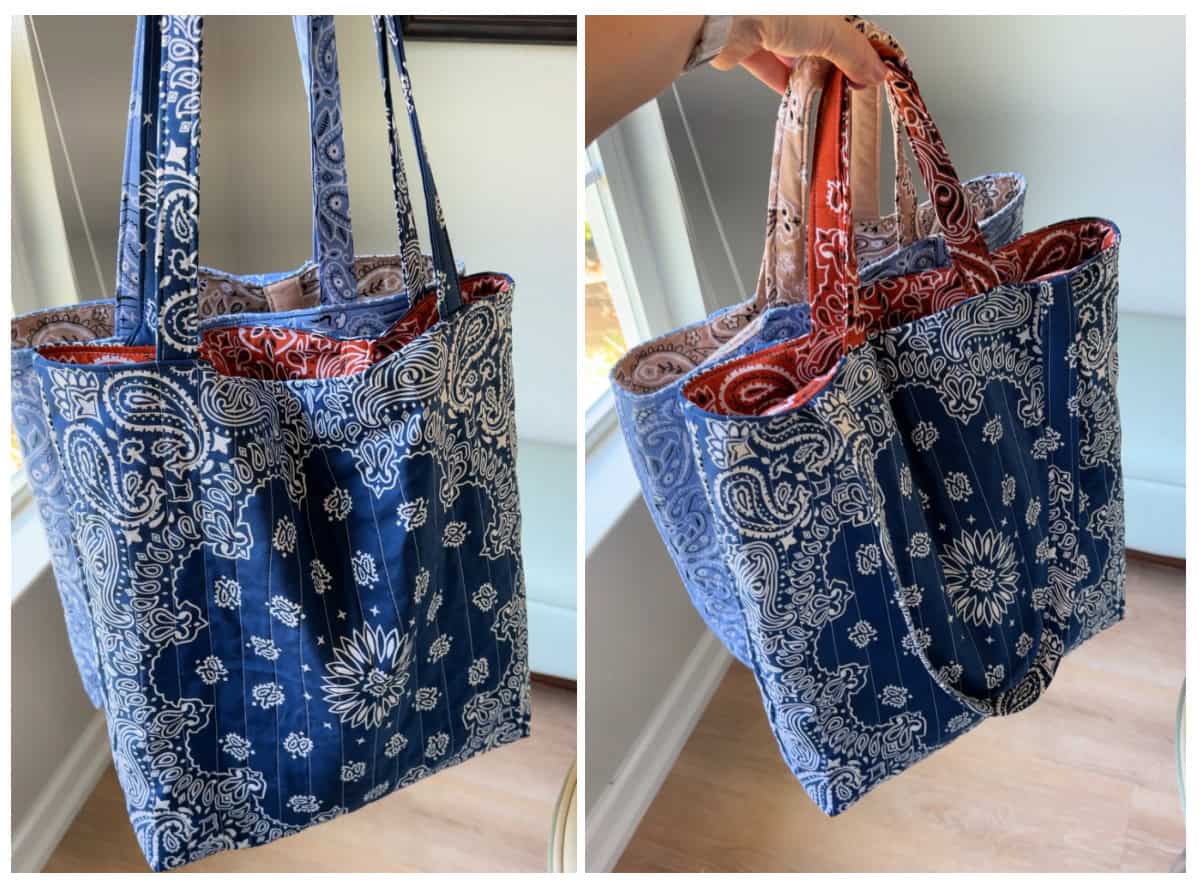 Hand holding bandana tote bags.