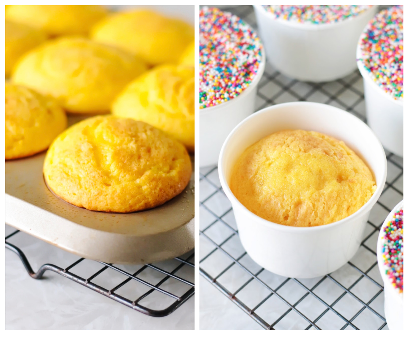 Baked yellow cupcakes in pan and cupcakes in white cups.