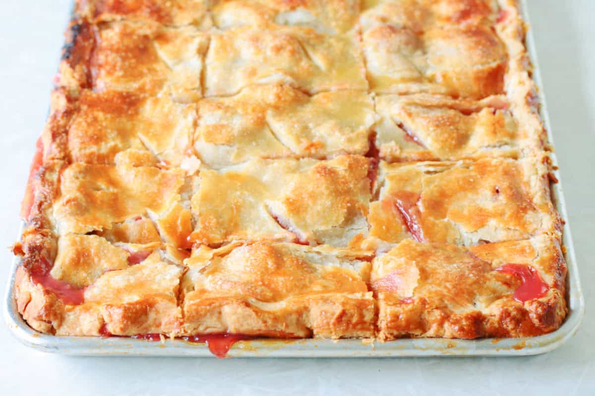 Slab pie sliced into squares.
