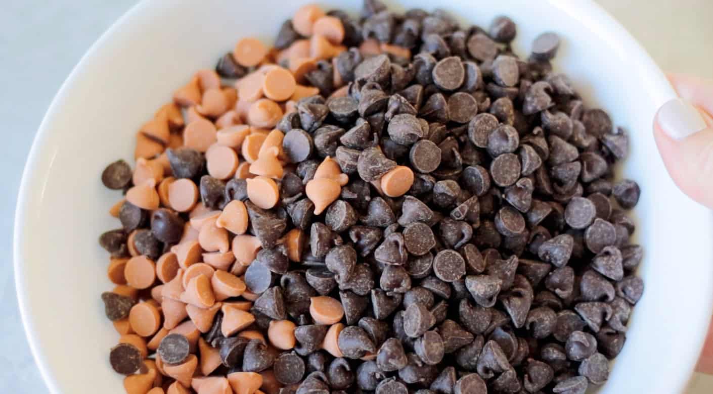 Bowl of chocolate chips and butterscotch chips.