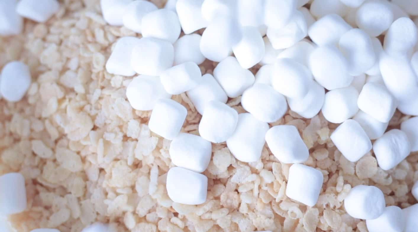 Bowl of cereal and mini marshmallows.