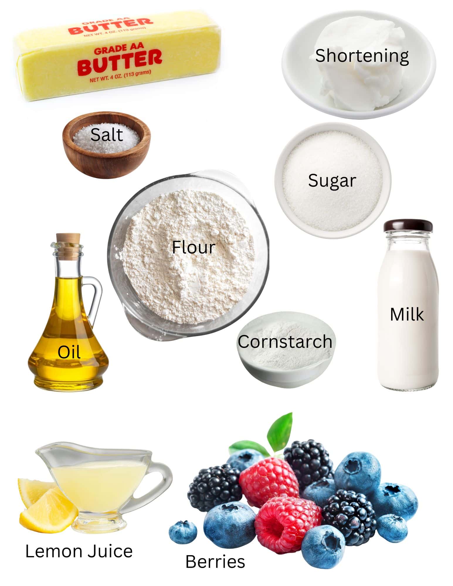 Stick of butter, bowls of shortening, flour, sugar and salt, bottles of oil and milk, lemon juice and fresh berries.