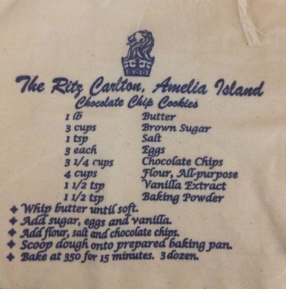 Printed Ritz Carlton recipe on small canvas drawstring bag.