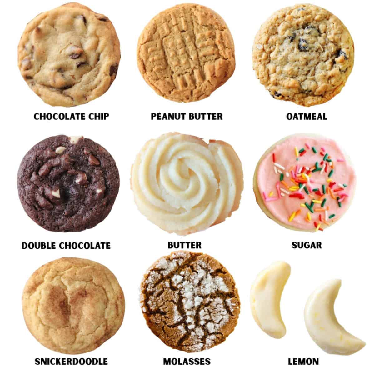 Collage of 9 different types of cookies.