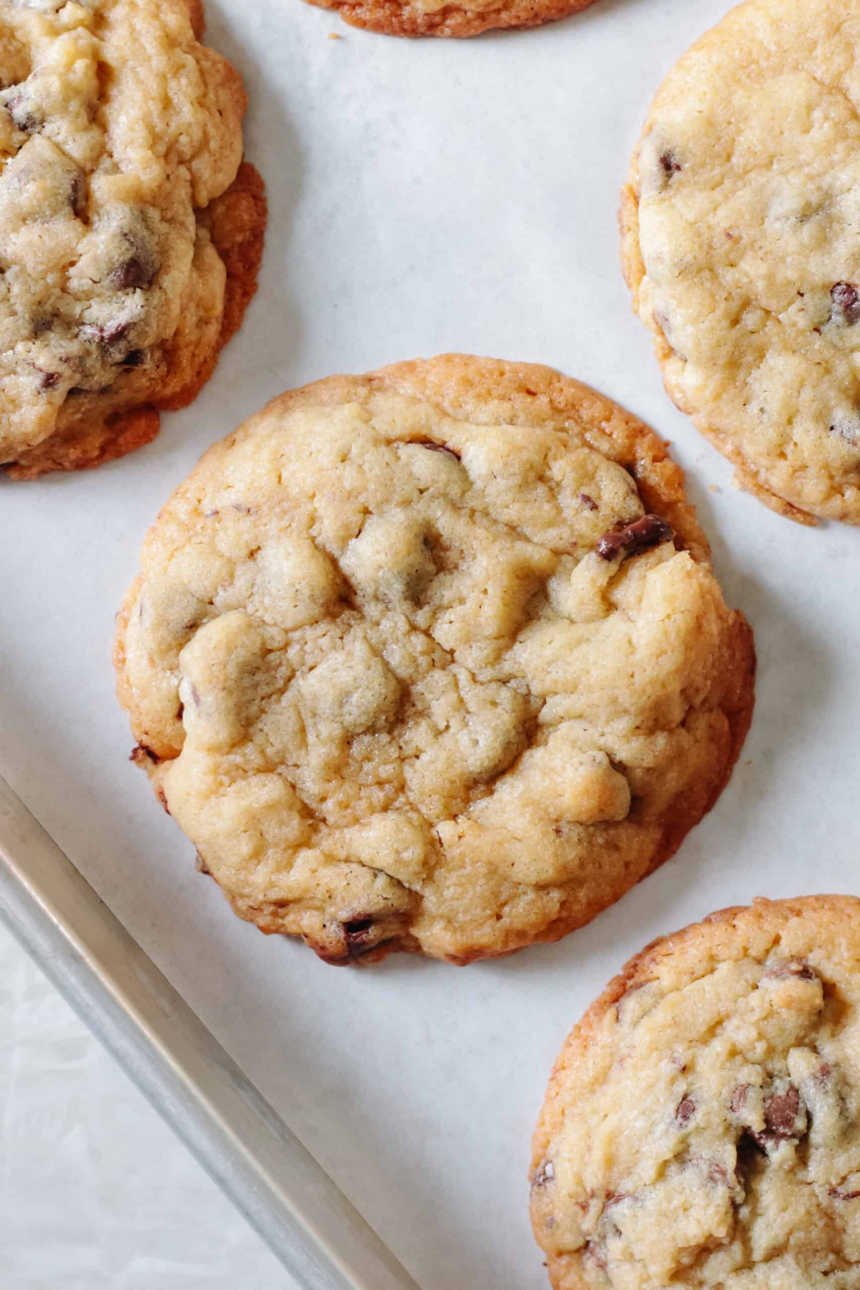 Baked chocolate chip cookies on baking sheet.