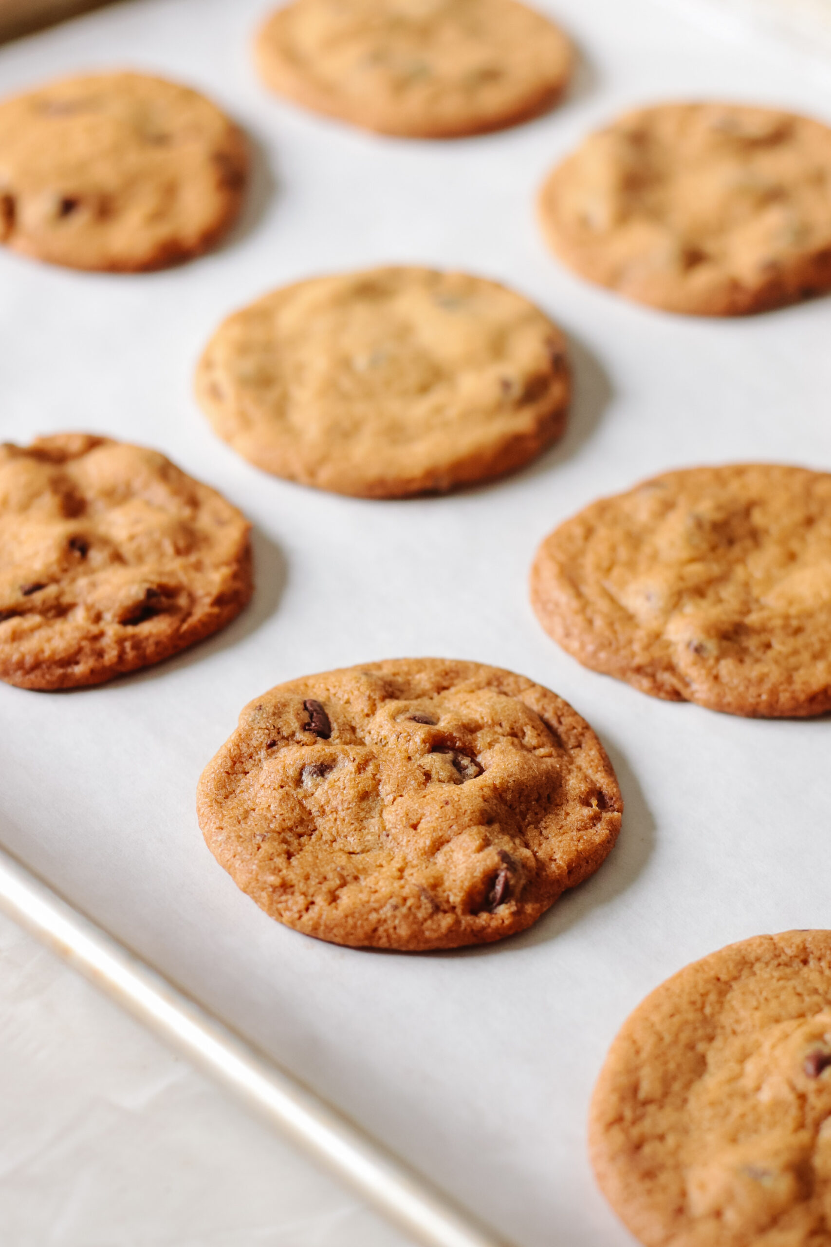 Baking sheet lined with parchment paper and baked cookies.