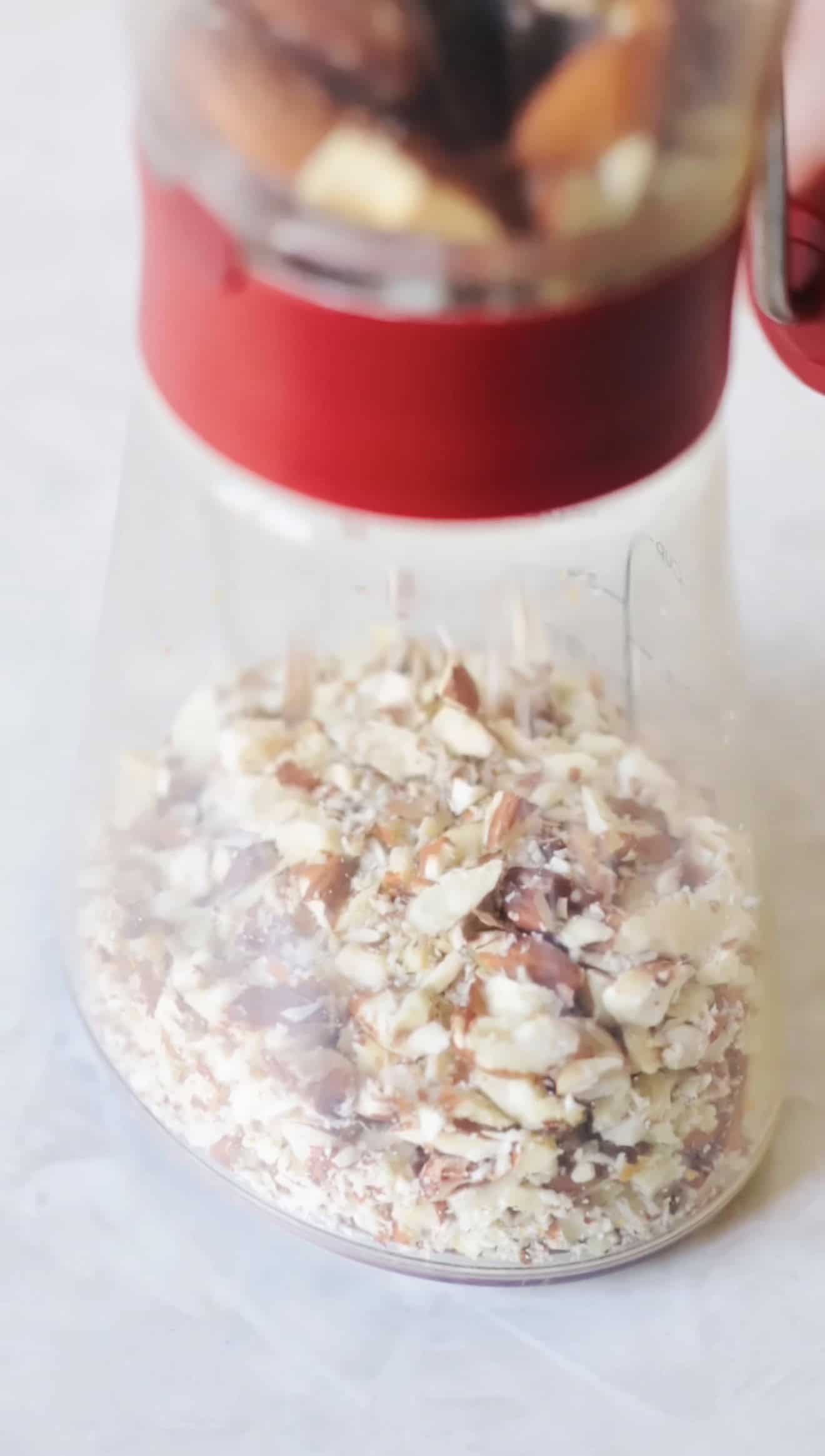 Chopped almonds in chopper appliance.