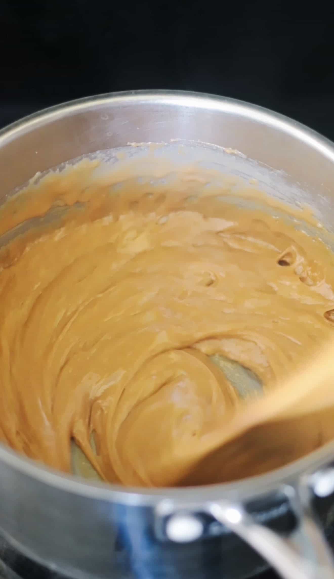 Pan of hot toffee mixture cooking.