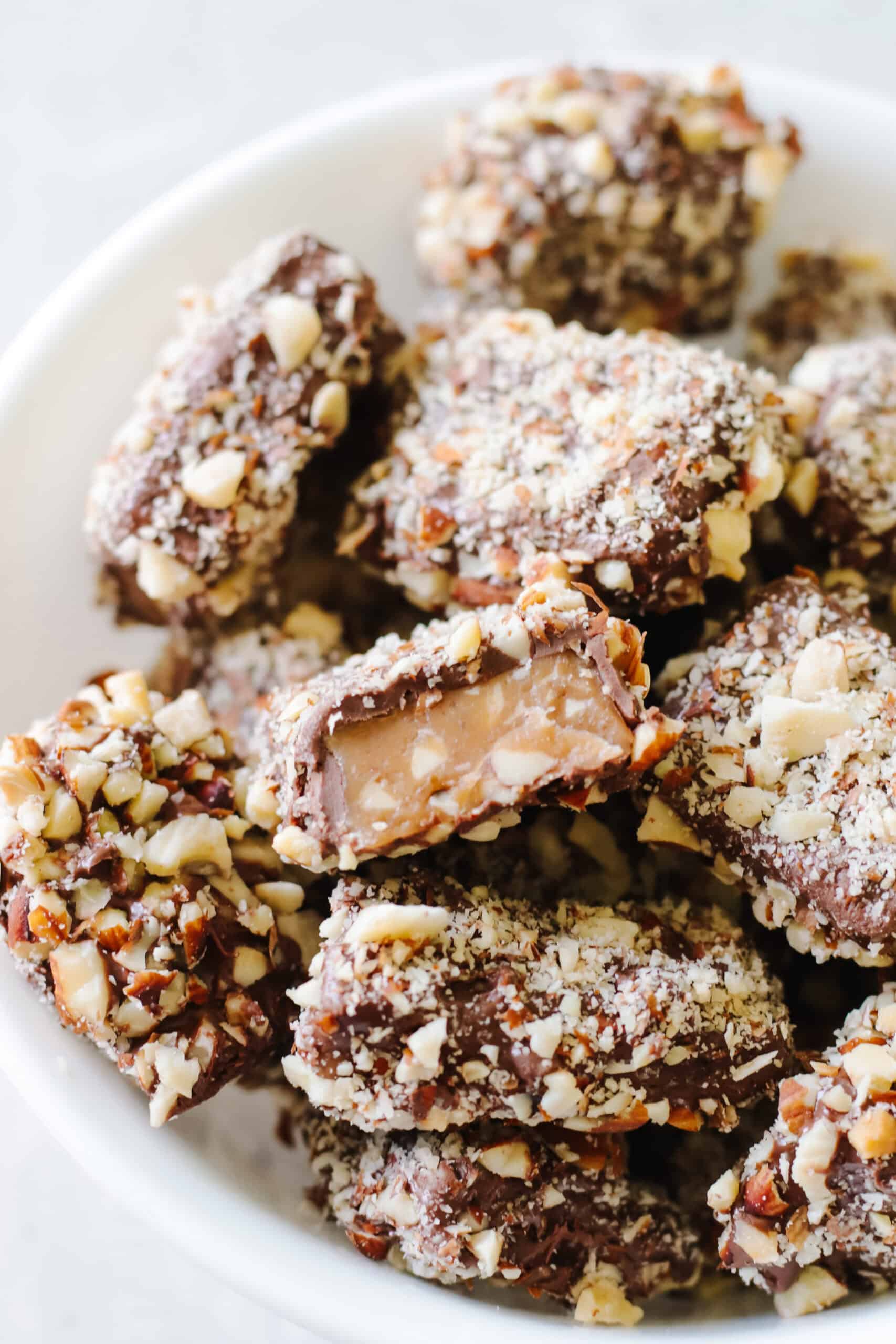 Bowl of almond roca.