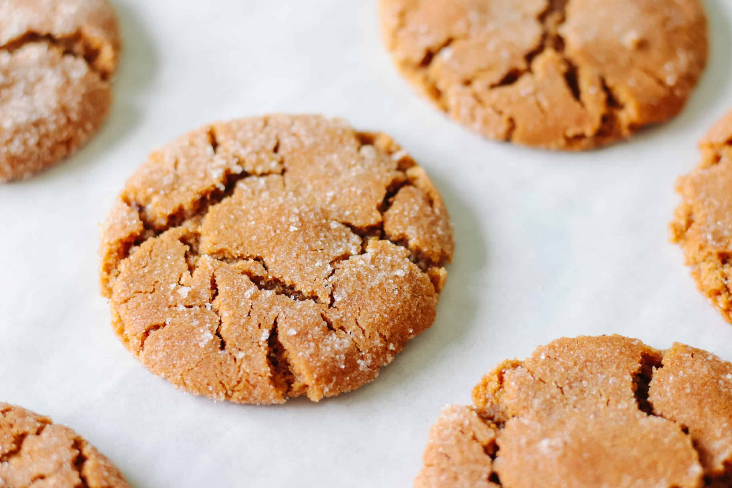 Molasses cookies on parchment paper.