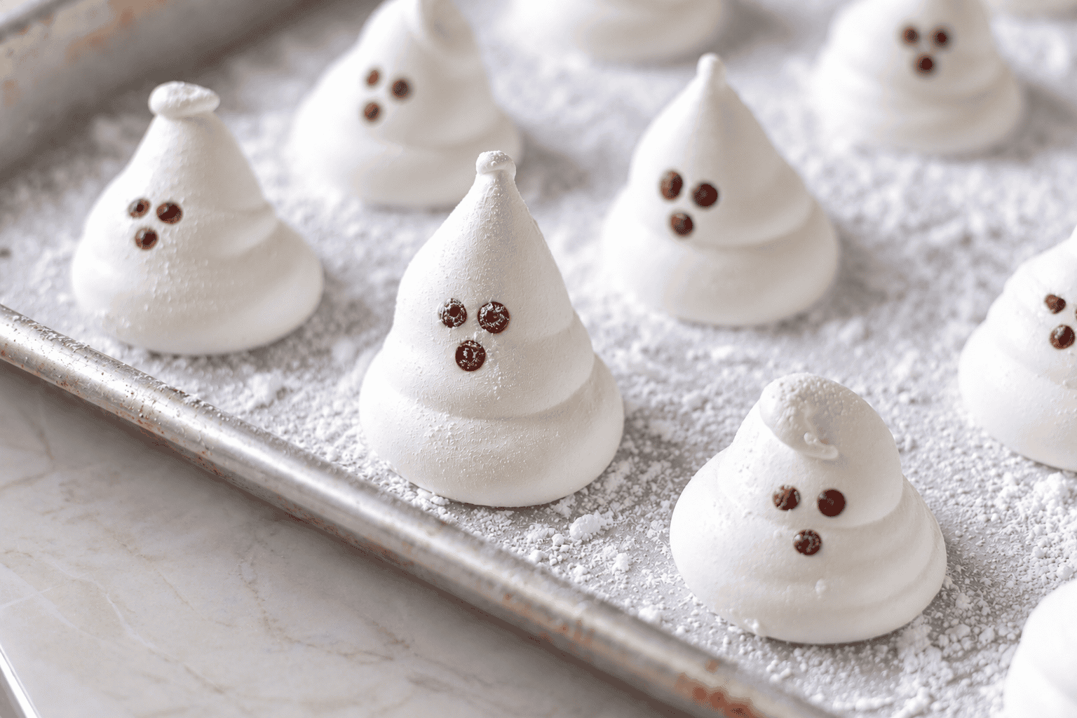 Bakign sheet of ghost marshmallows.