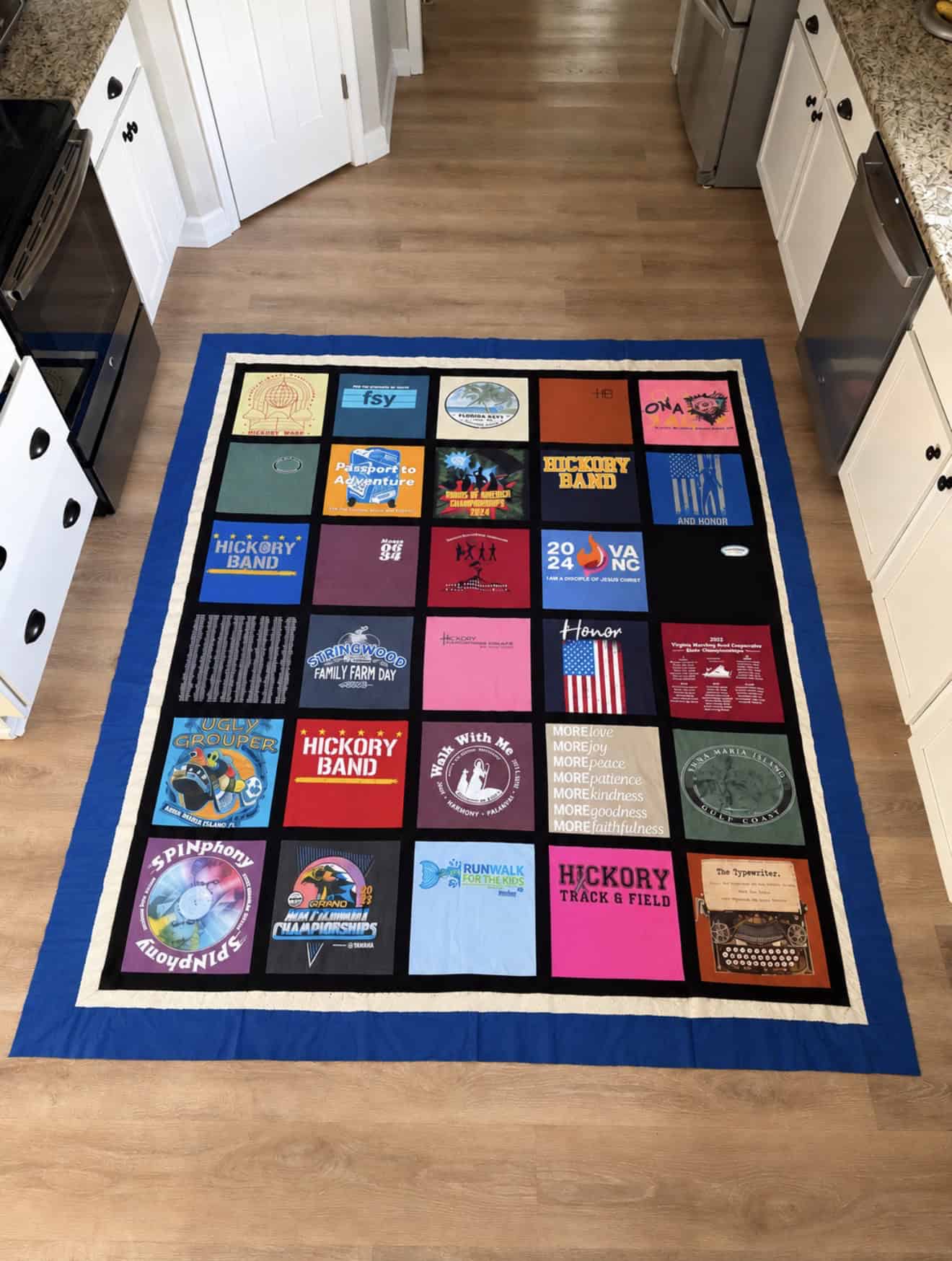 Back of quilt, batting and top of quilt sandwiched together.