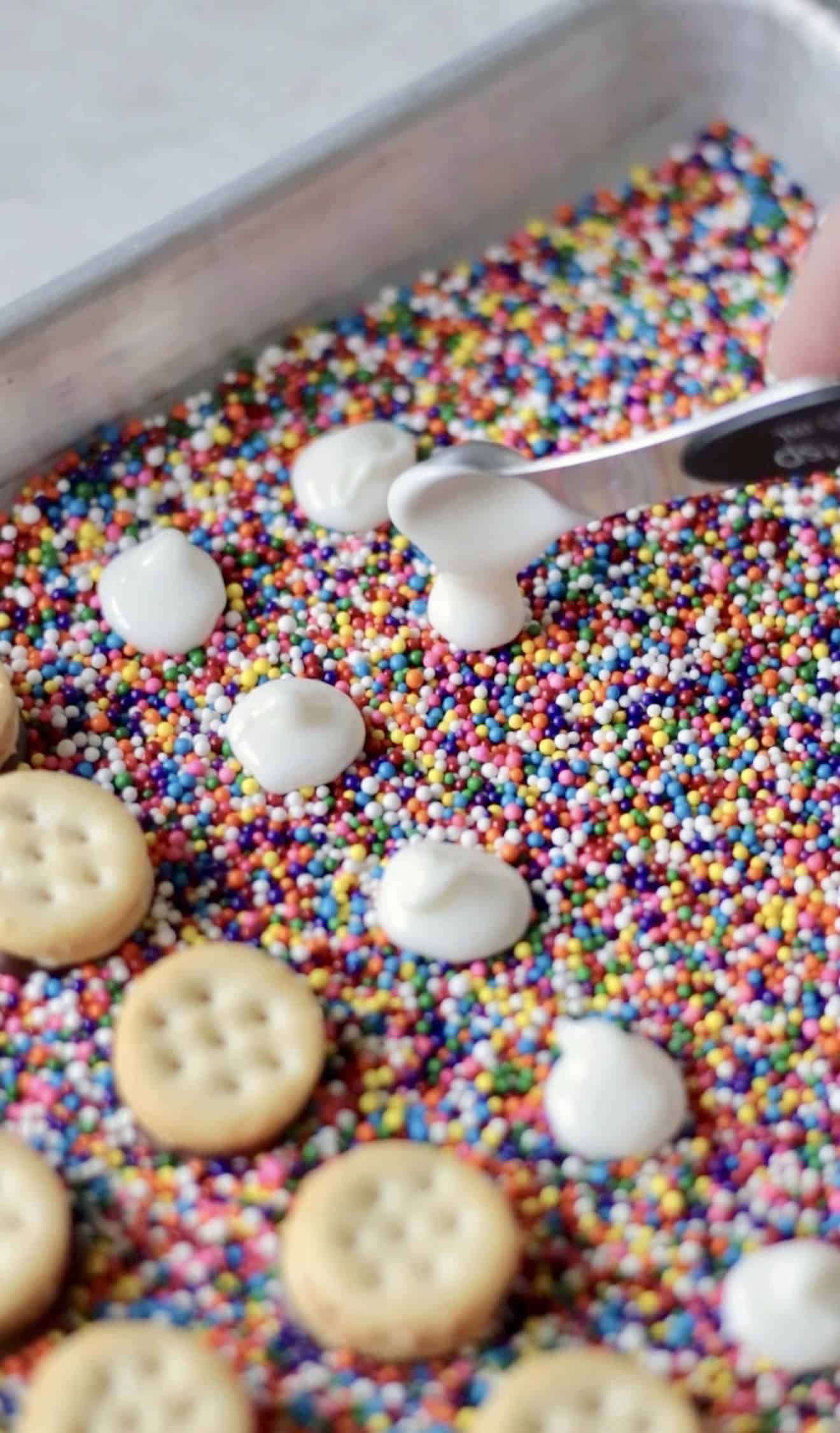 ¼ teaspoon dropping melted white chocolate onto tray of sprinkles.