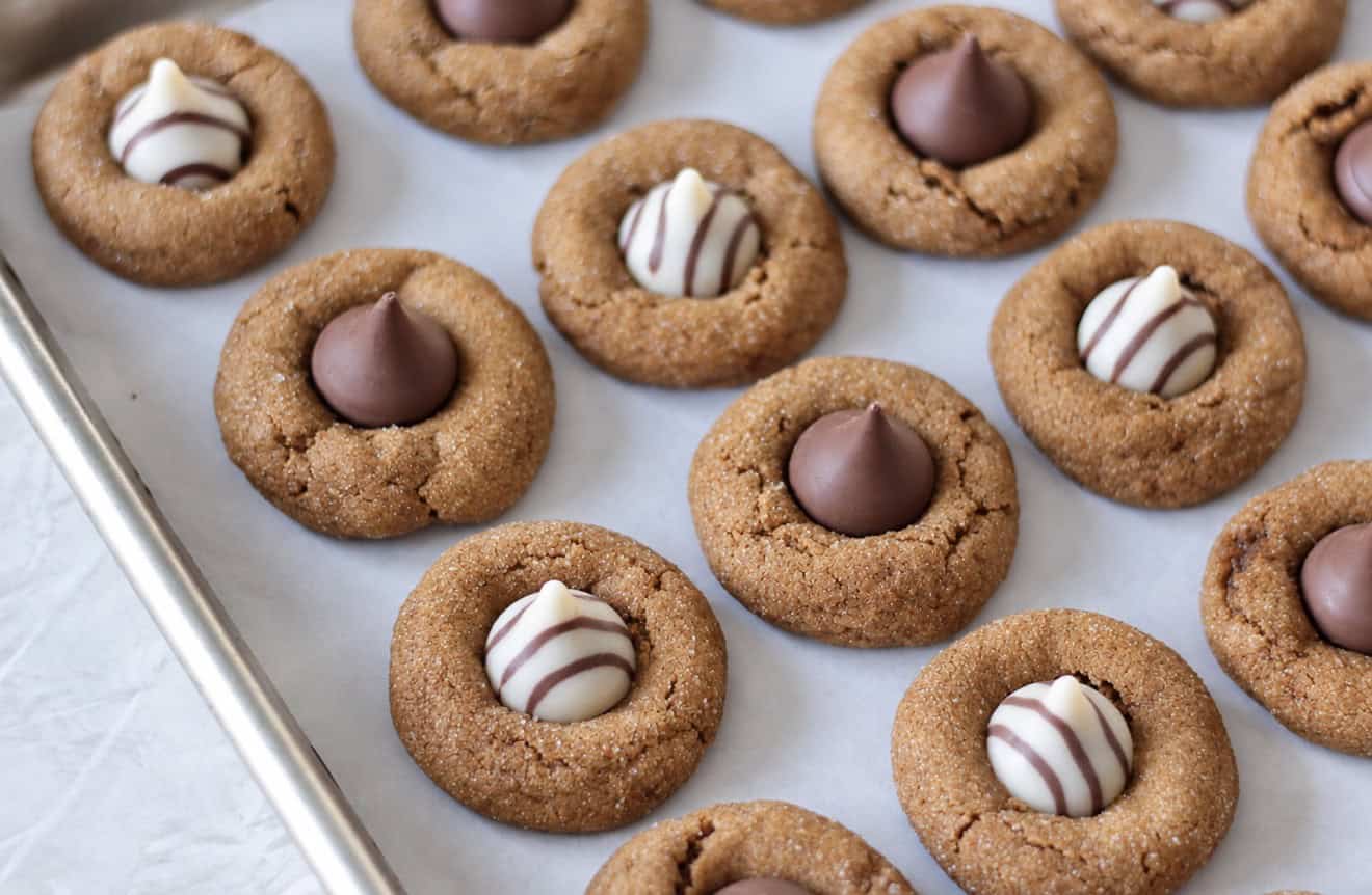 Baked cookies on cookie sheet.
