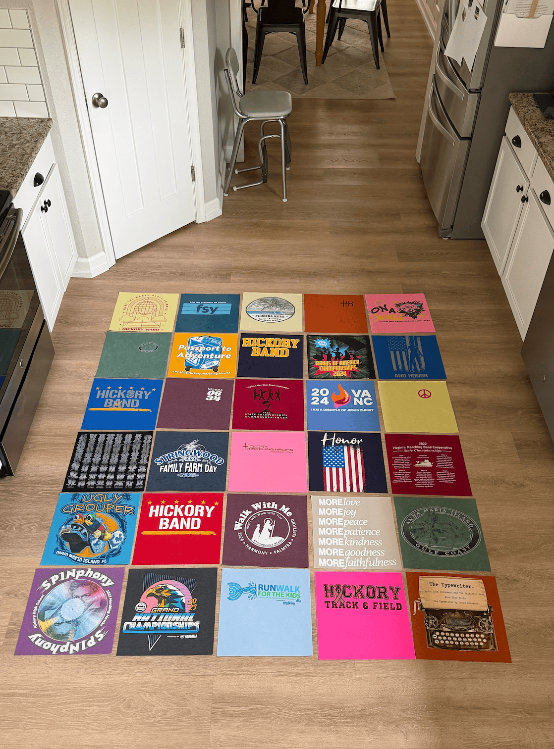 Quilt blocks made from t-shirts.