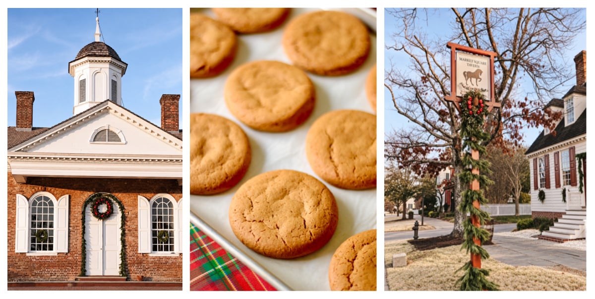 Collage of images from Williamsburg and homemade ginger cookies.